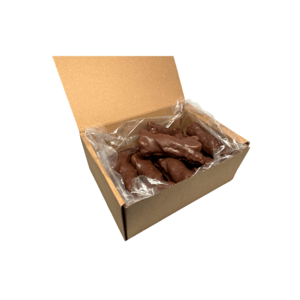 Lazos bombón cubiertos con chocolate envasados en caja para consumo en domicilio